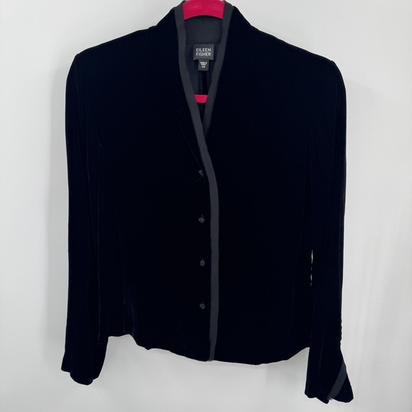 Eileen Fisher Jacket Womens XS Black Silk Blend Velvet Knot Buttons Feminine - Picture 1 of 9